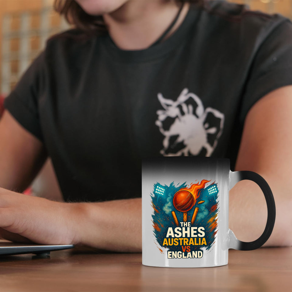Excudo Trade LTD The Ashes Cricket Australia vs England Rivalry Cup Magic Heat Reveal Cricket Mug Fiery Design Appears with Hot Drink Fun Gift
