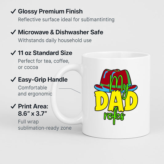 White mug with the colourful My Dad Rocks hat design and feature labels