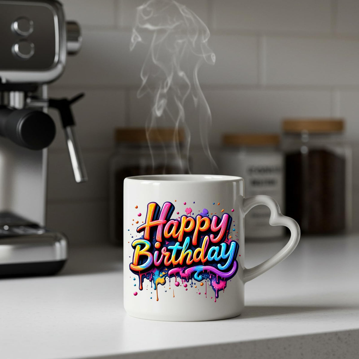 Steaming Happy Birthday rainbow drip heart-handle mug on a kitchen counter