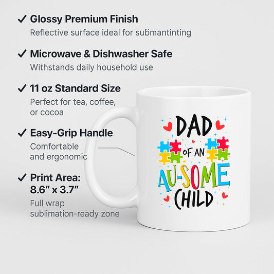White mug with labels for 11oz size, glossy finish, easy-grip handle and print area