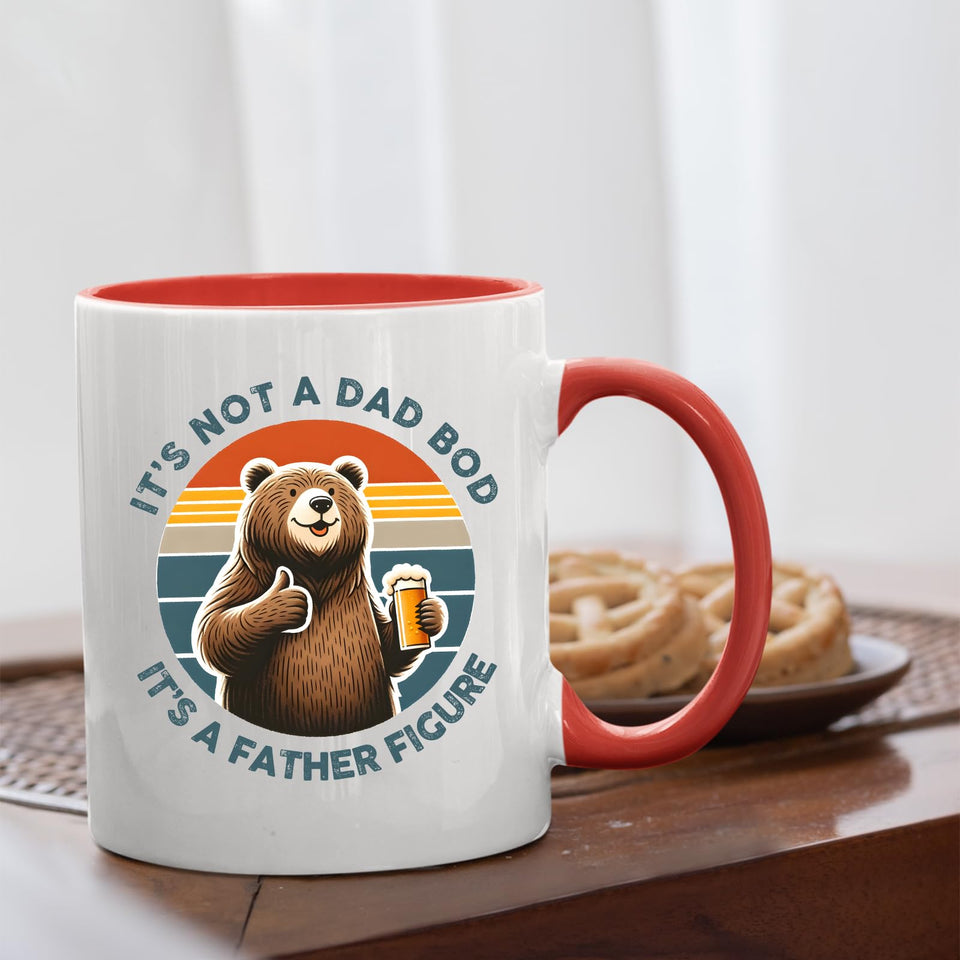 Dad Bod bear mug with a red handle beside biscuits