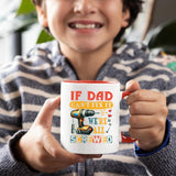 Smiling child holding the If Dad Can’t Fix It mug with a red handle