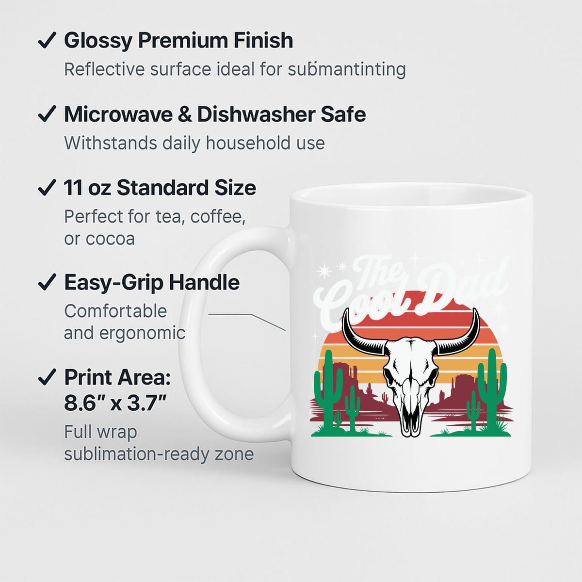 White mug with labels for 11oz size, glossy finish, easy-grip handle and print area