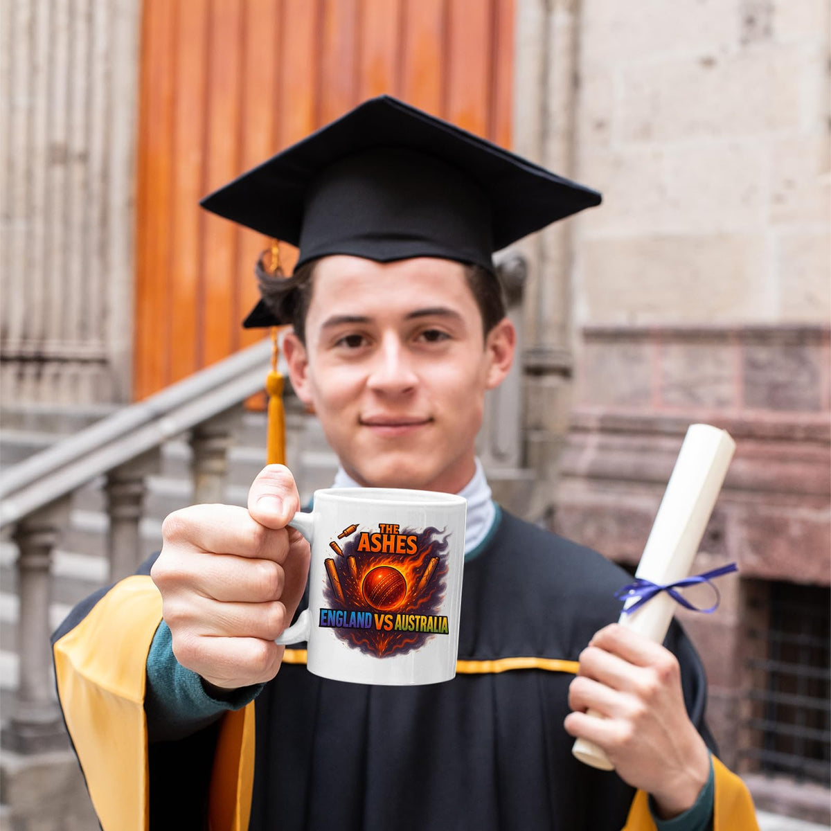 Graduate holding the Ashes cricket mug