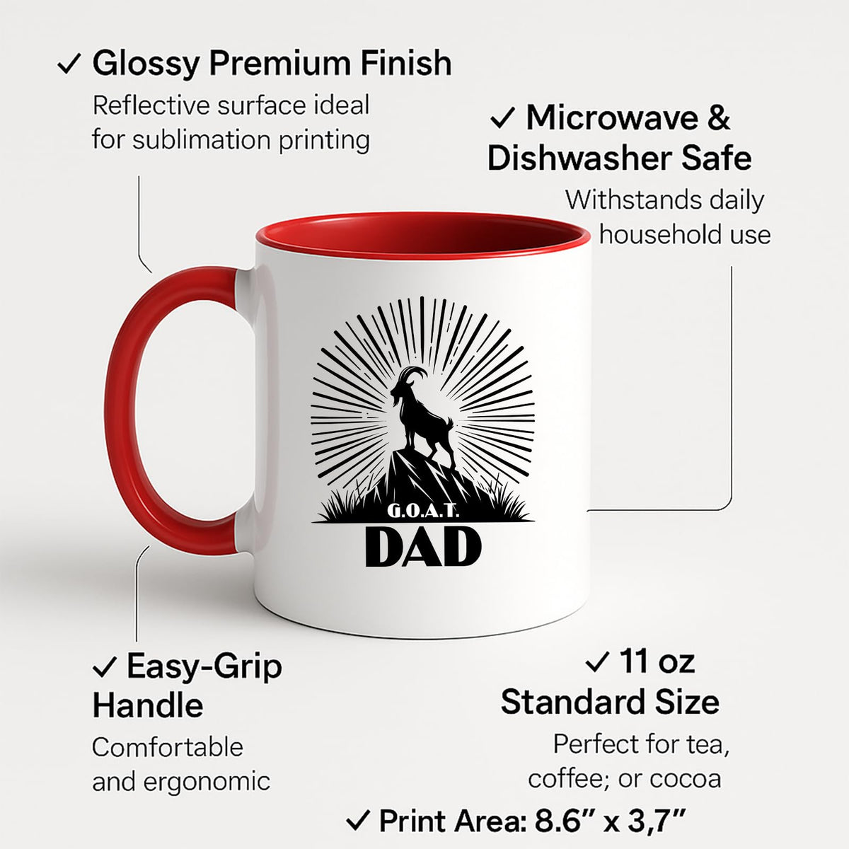 Colour handle mug with labels for 11oz size, glossy finish and easy-grip handle