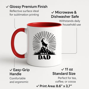 Colour handle mug with a mountain goat on a peak with a sunburst and “G.O.A.T. Dad” – red handle and inside