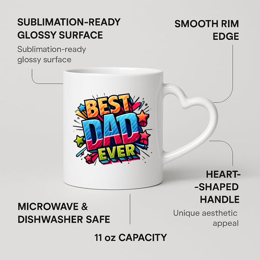 Heart-handle mug with labels for 11oz capacity, glossy surface and heart-shaped handle