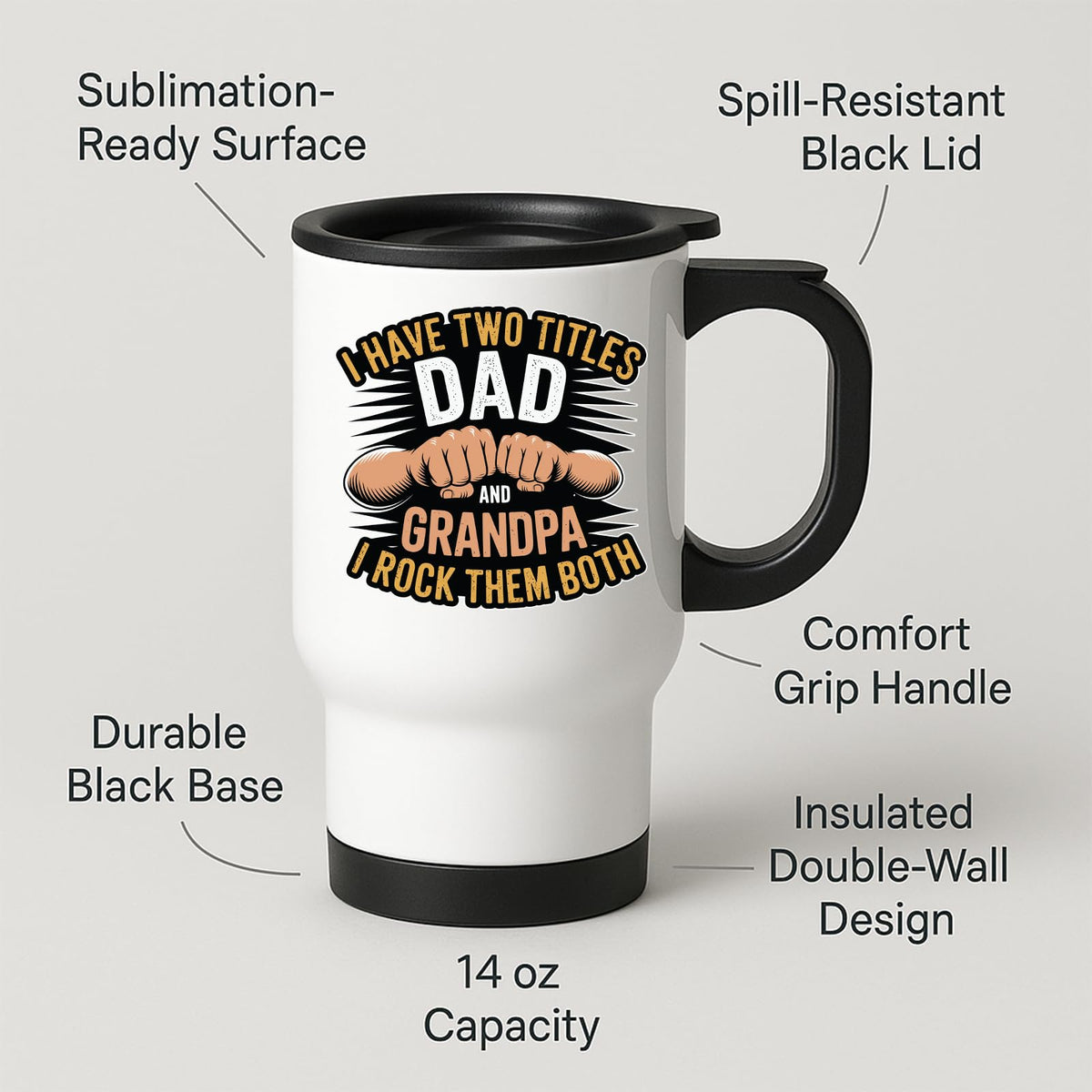 Travel mug with labels for spill-resistant lid, insulated double wall and 14oz capacity