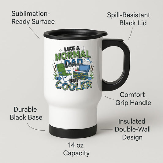 Travel mug with labels for spill-resistant lid, insulated double wall and 14oz capacity