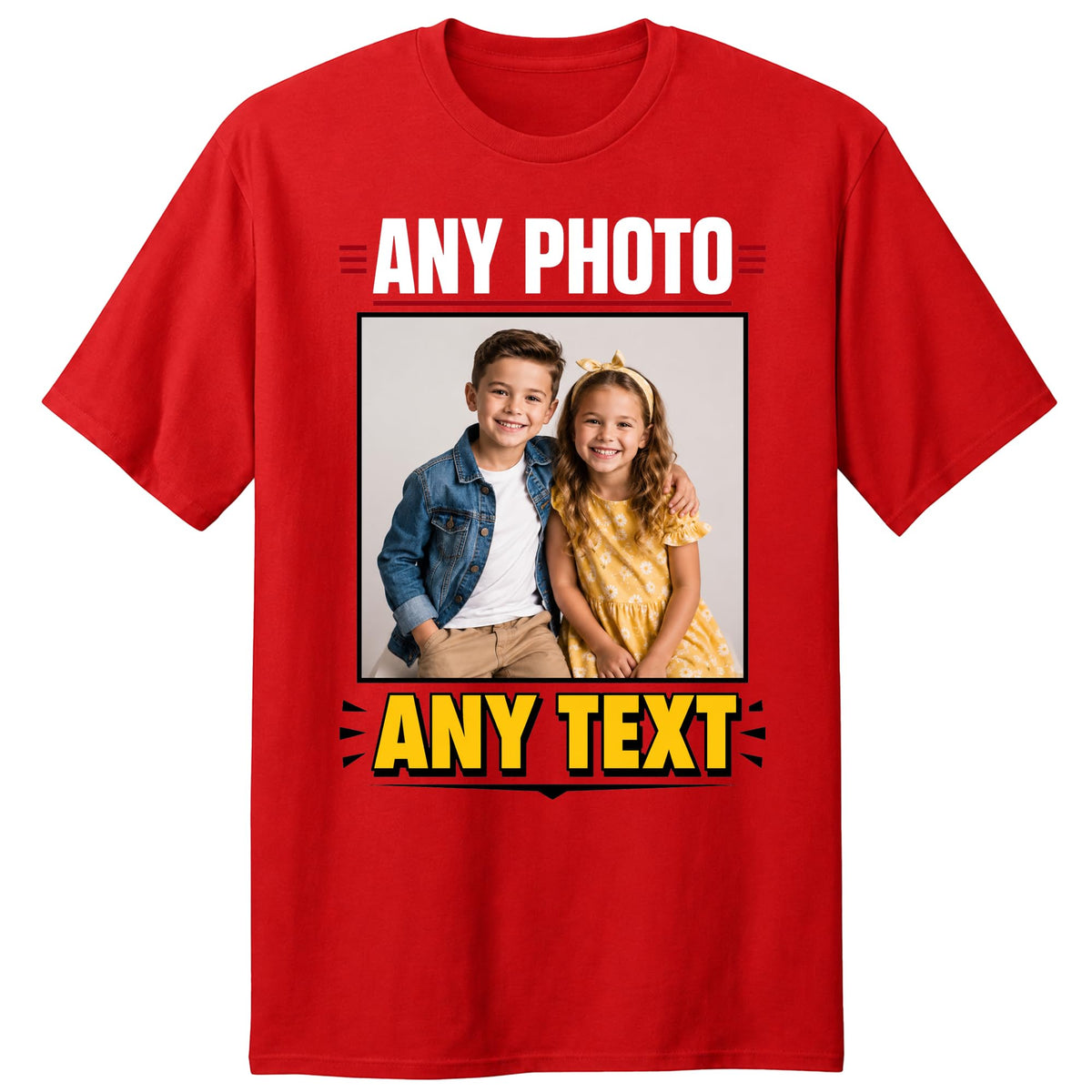 Personalised red t-shirt with custom photo and text