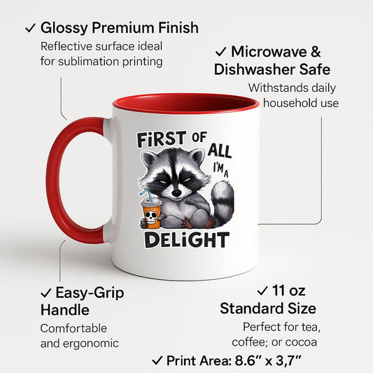 Colour handle mug with labels for 11oz size, glossy finish and easy-grip handle