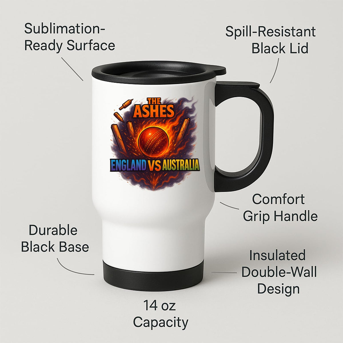 Ashes travel mug with labels for the spill-resistant lid and 14oz capacity
