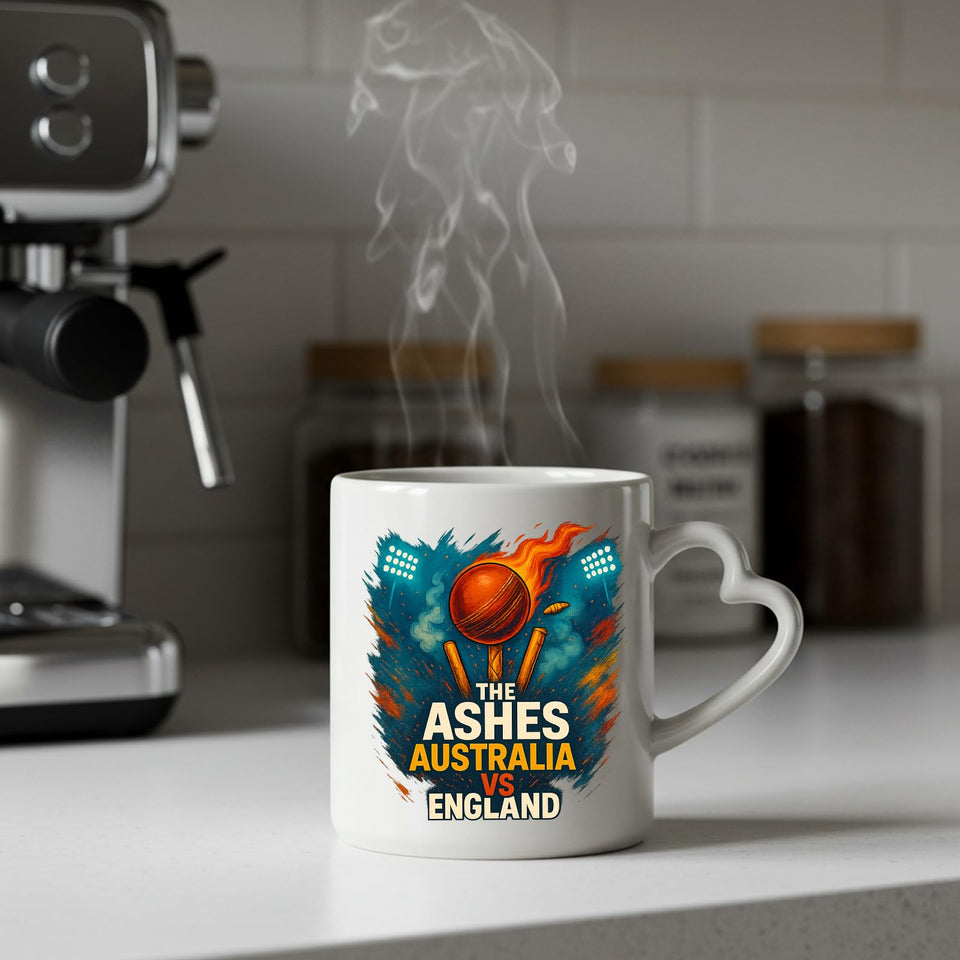 Excudo Trade LTD The Ashes Burning Ball Australia vs England Rivalry Cricket Heart-Shaped Handle Mug Fiery Design Gift Fans Couples Coffee Cup Home Decor Couples