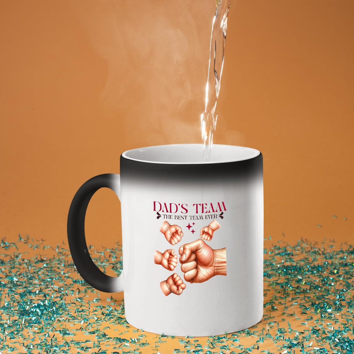 Hot water poured into the Dad’s Team fist bump colour changing mug as the design appears