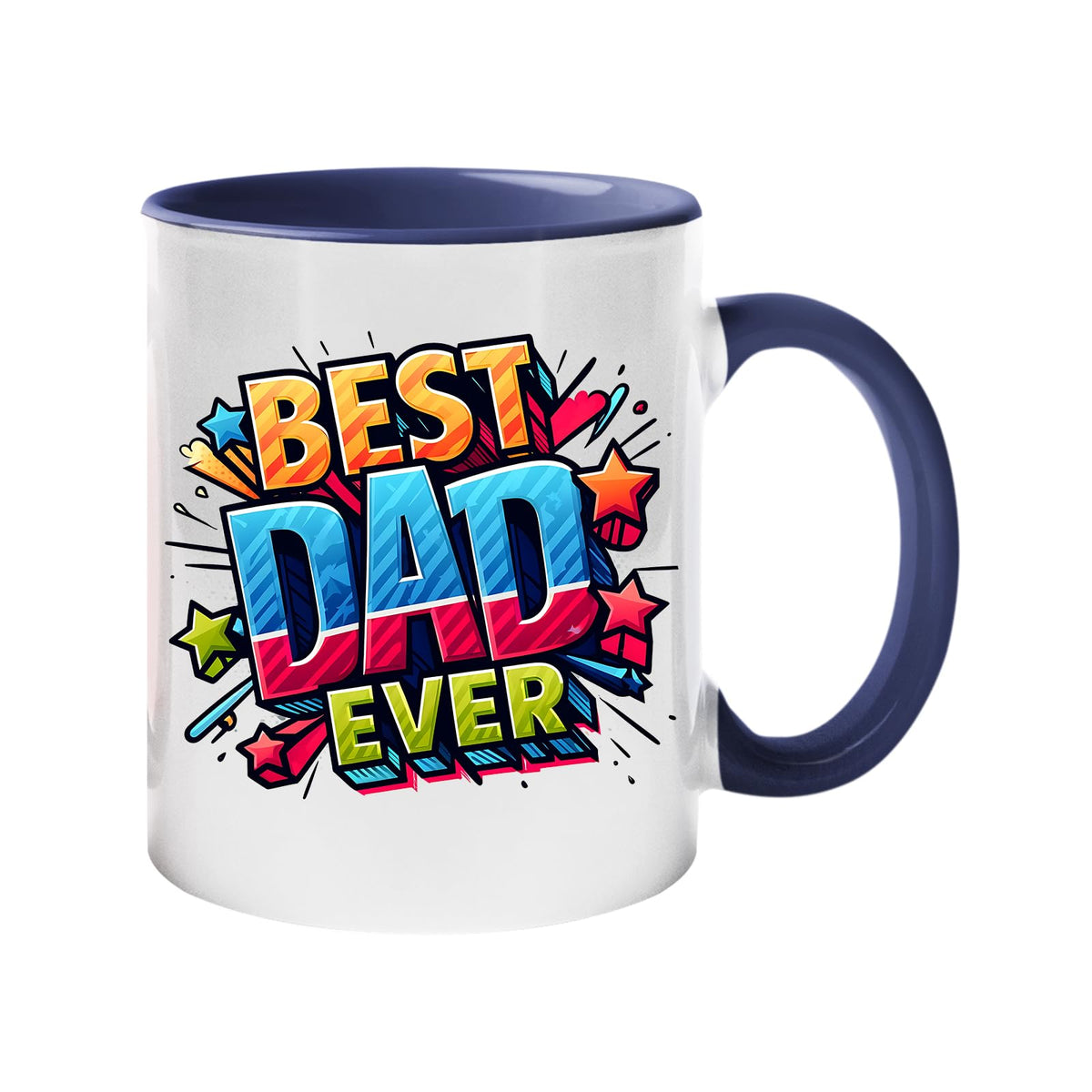 Colour handle mug with “Best Dad Ever” in bold comic-book lettering with stars – dark blue handle and inside
