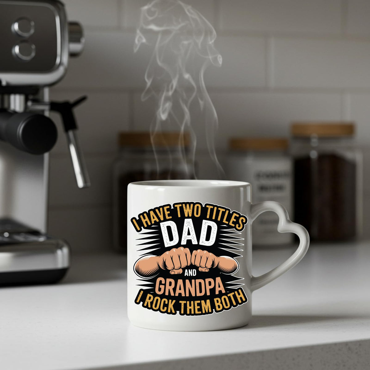 Steaming Two Titles Dad and Grandpa heart-handle mug on a kitchen counter