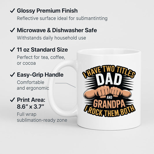 White mug with labels for 11oz size, glossy finish, easy-grip handle and print area