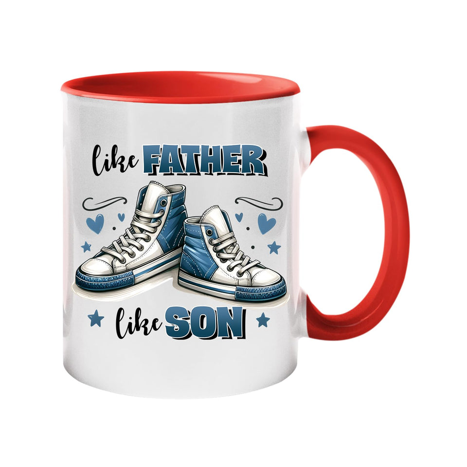 Colour handle mug with a pair of blue high-top sneakers with hearts and “Like father, like son” – red handle and inside