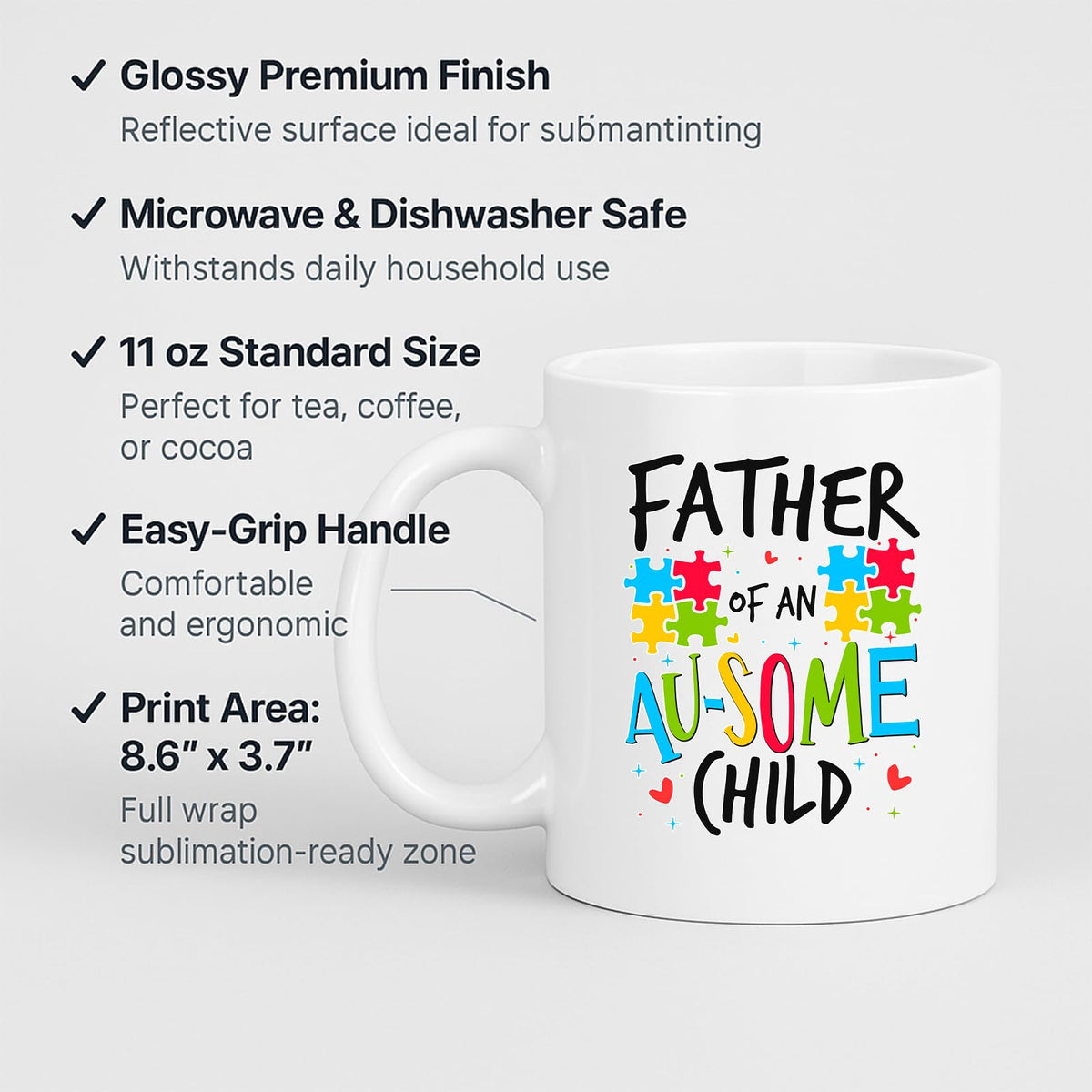 White mug with labels for 11oz size, glossy finish, easy-grip handle and print area