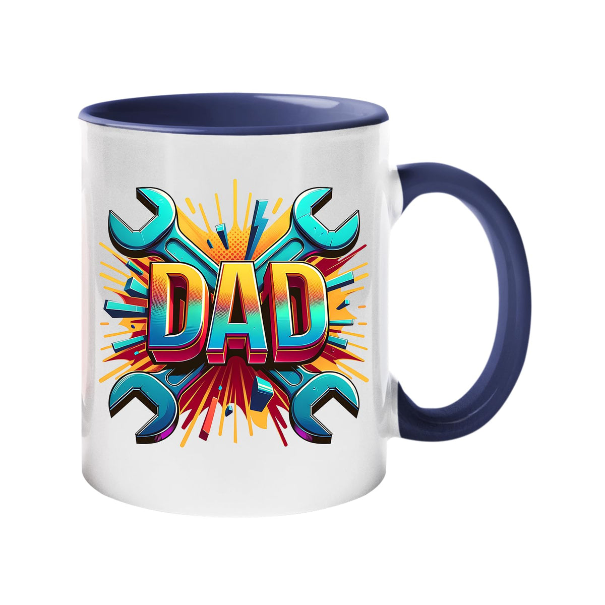 Colour handle mug with a comic-style “DAD” on a burst of crossed spanners – dark blue handle and inside
