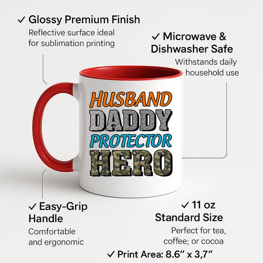 Colour handle mug with labels for 11oz size, glossy finish and easy-grip handle