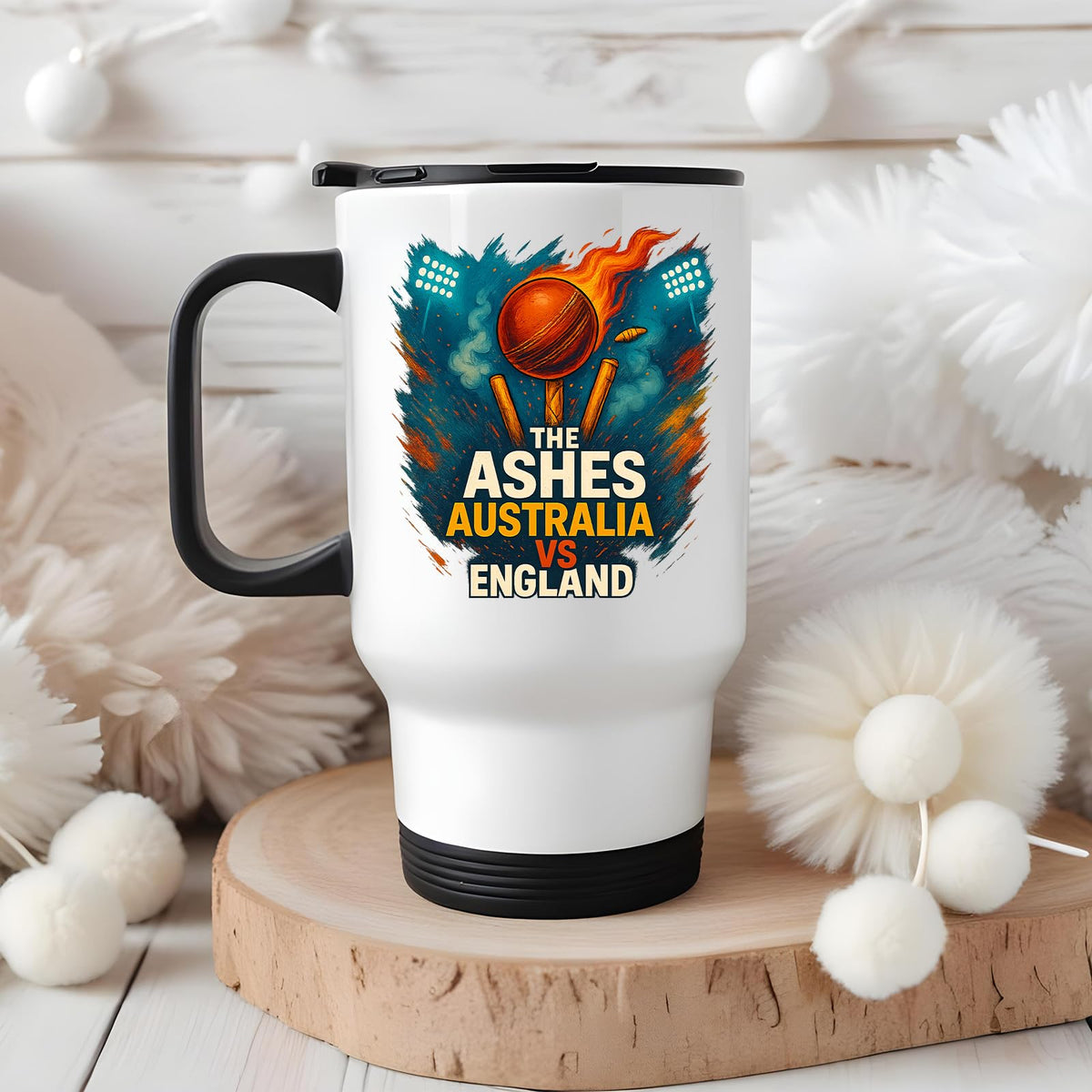 Ashes travel mug on a wooden board