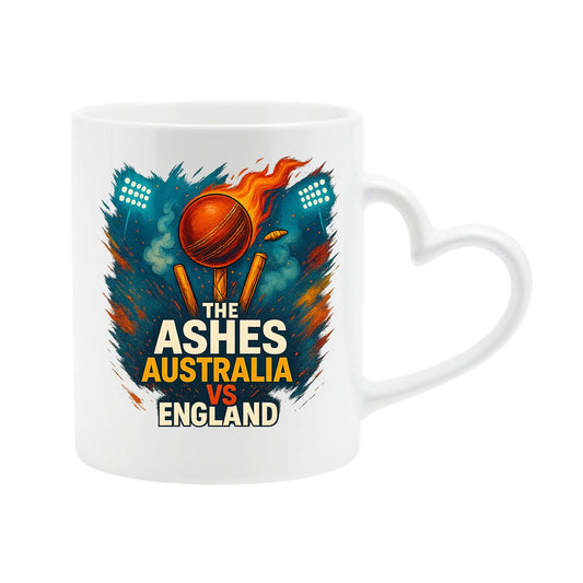 White heart-handle mug with the Ashes cricket design