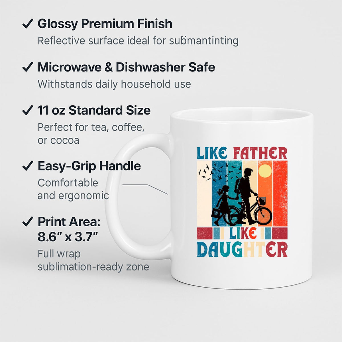 White mug with labels for 11oz size, glossy finish, easy-grip handle and print area