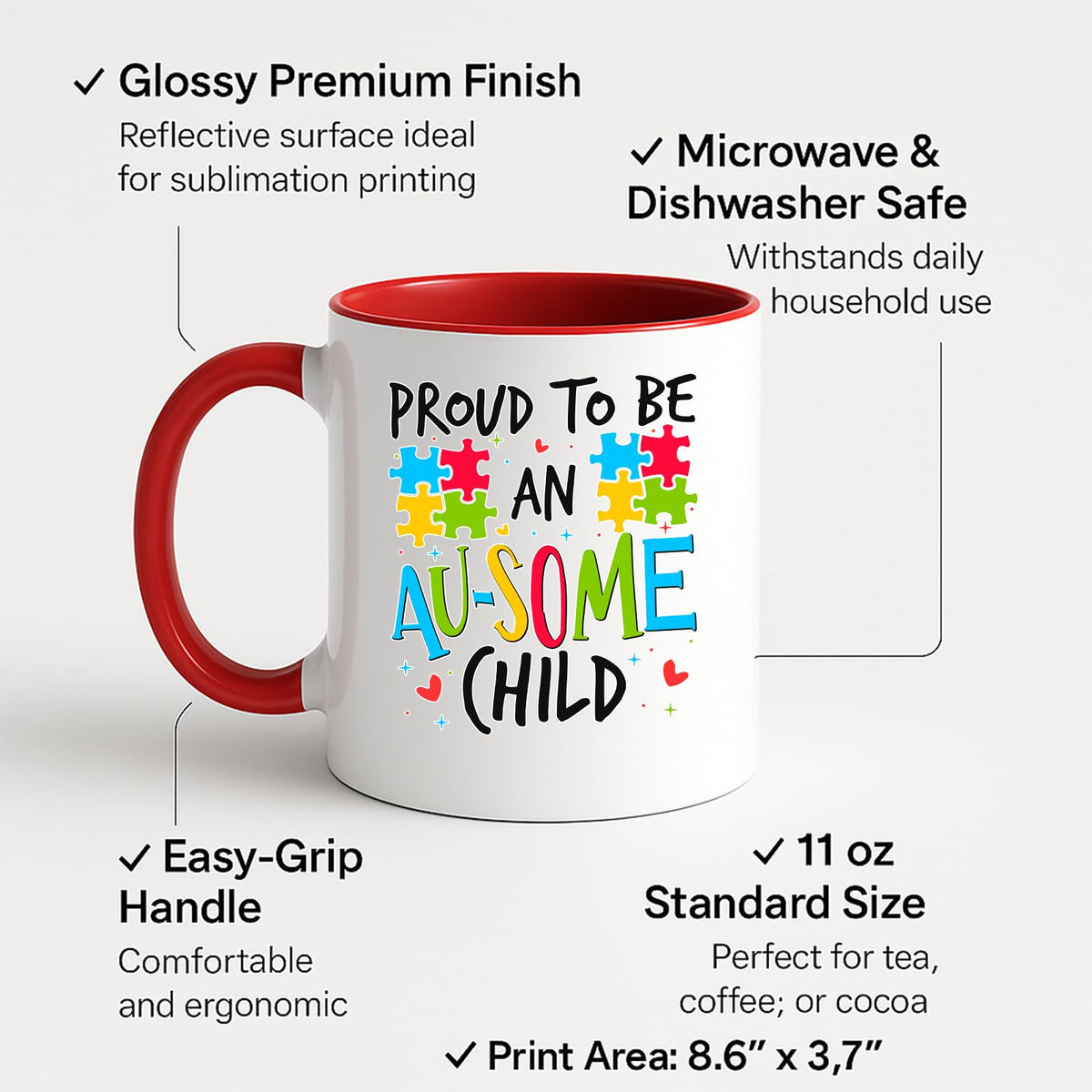 Colour handle mug with labels for 11oz size, glossy finish and easy-grip handle