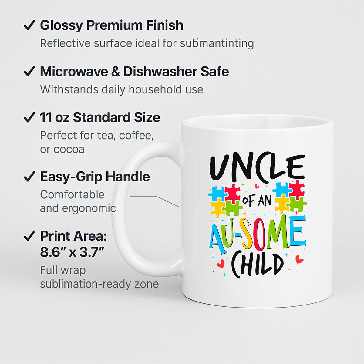 White mug with labels for 11oz size, glossy finish, easy-grip handle and print area