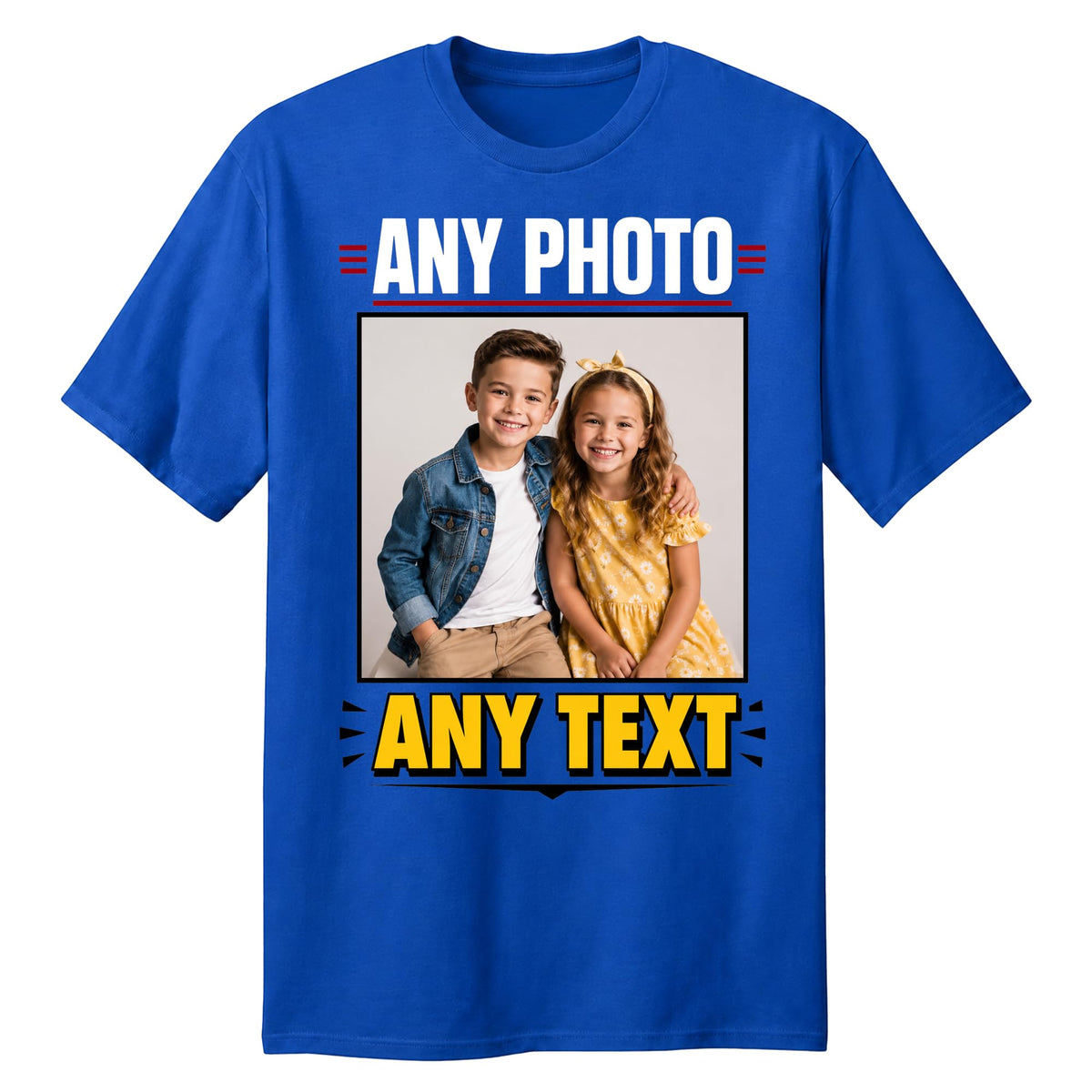 Personalised royal blue t-shirt with custom photo and text