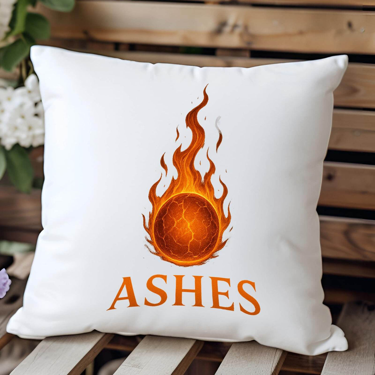 Ashes cricket cushion on a wooden bench