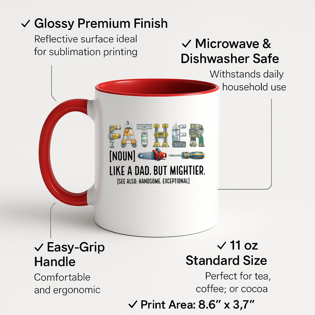 Colour handle mug with labels for 11oz size, glossy finish and easy-grip handle