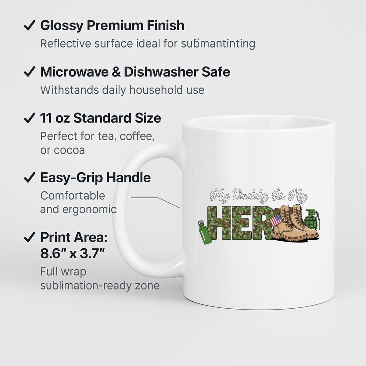 White mug with labels for 11oz size, glossy finish, easy-grip handle and print area
