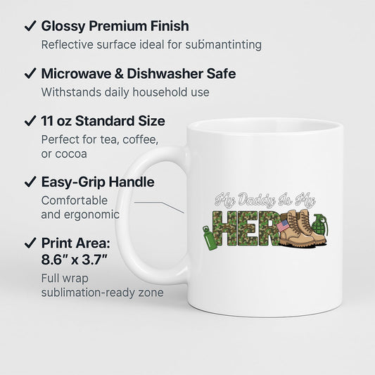 White mug with labels for 11oz size, glossy finish, easy-grip handle and print area