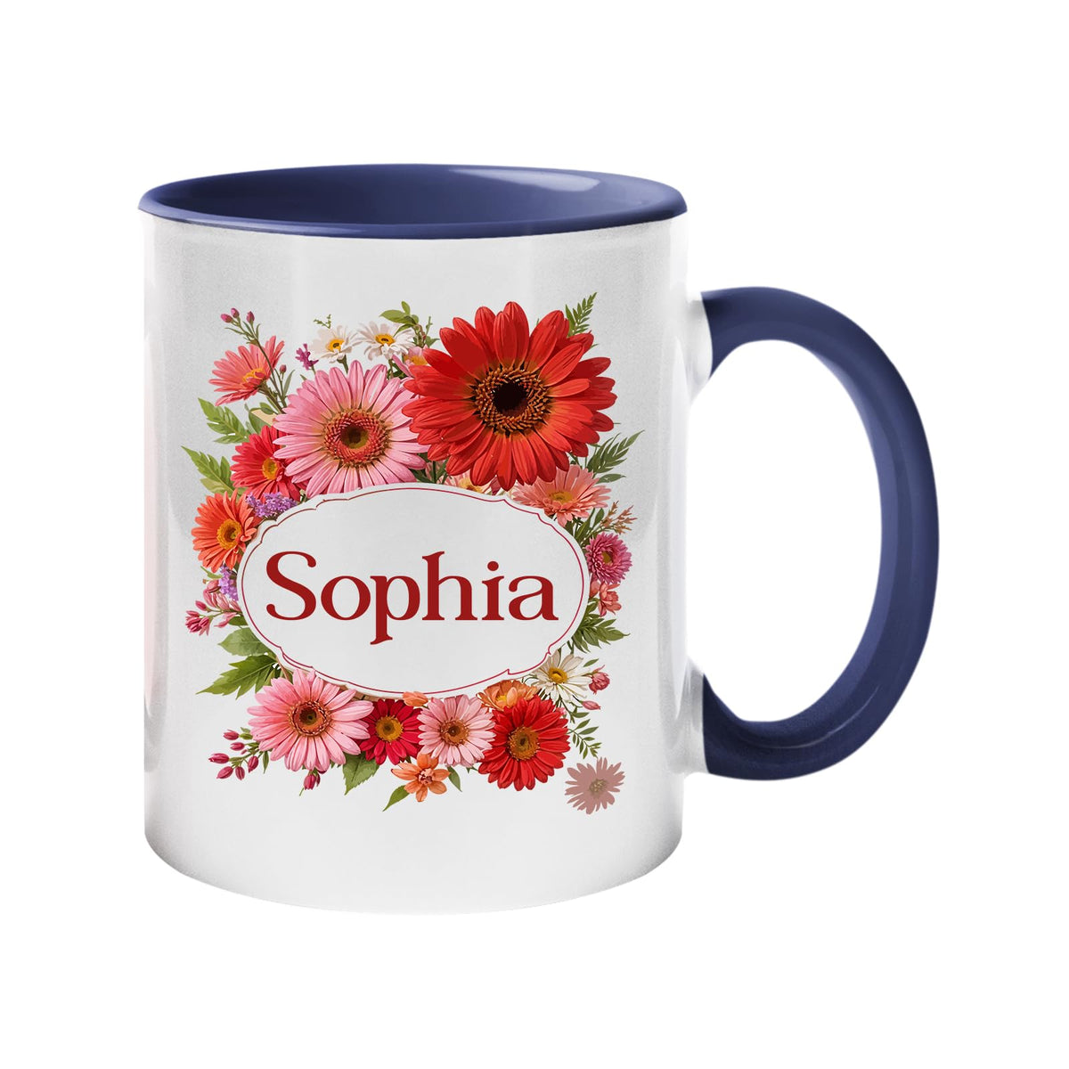 Dark Blue handle mug with a red gerbera wreath around an example name