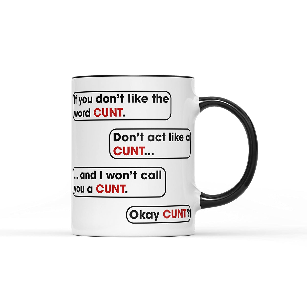 White mug with a black handle and rude speech bubbles