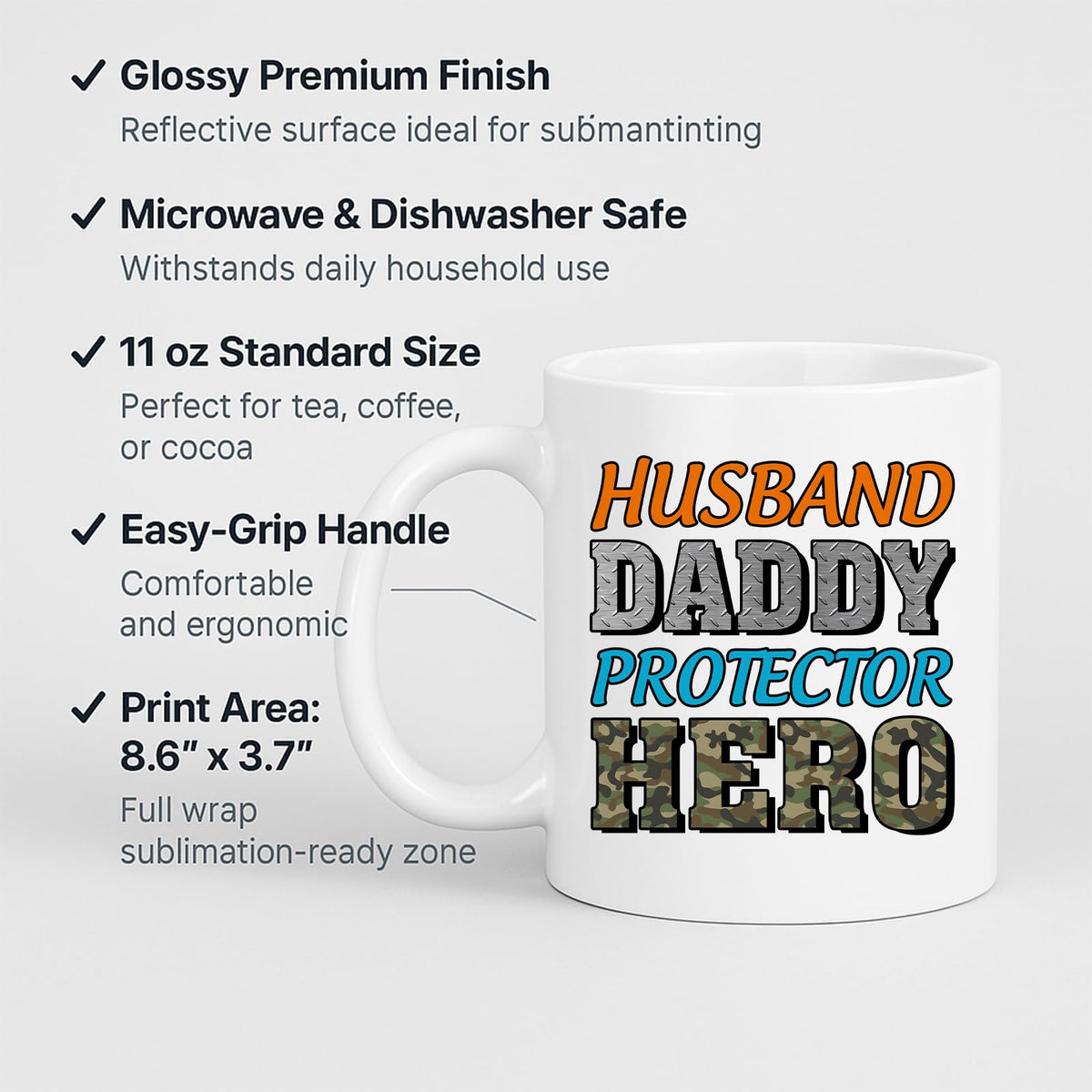 White mug with labels for 11oz size, glossy finish, easy-grip handle and print area