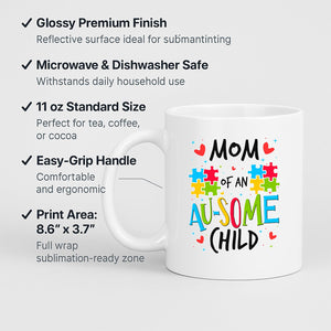Man holding the Mom of an Au-Some Child mug in front of a Christmas tree