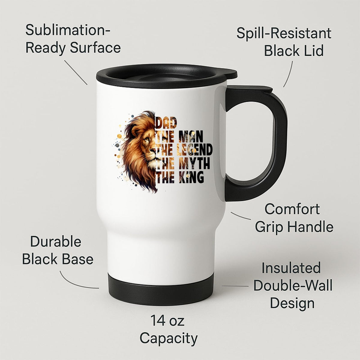 Travel mug with labels for spill-resistant lid, insulated double wall and 14oz capacity