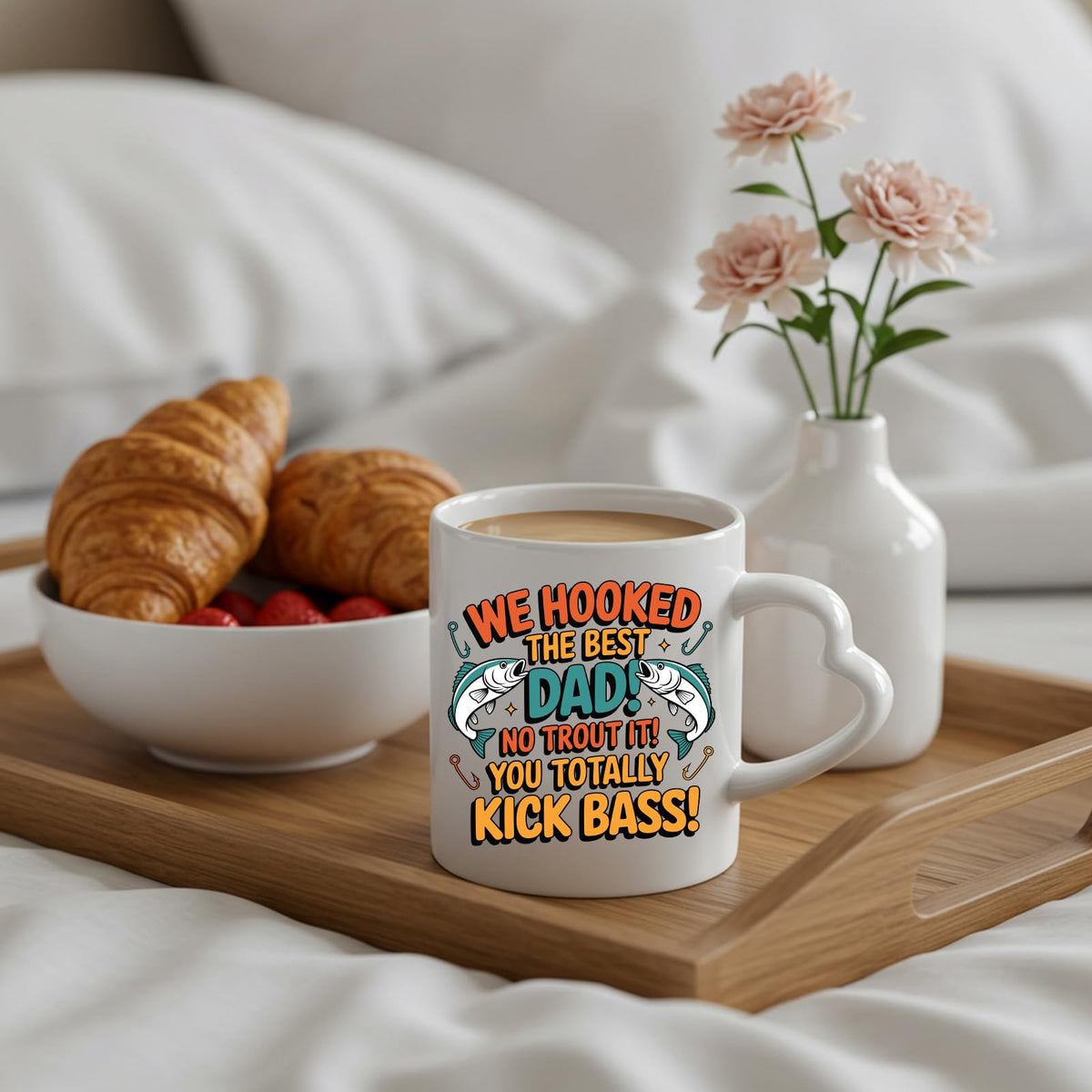 We Hooked the Best Dad heart-handle mug on a breakfast tray with croissants and flowers