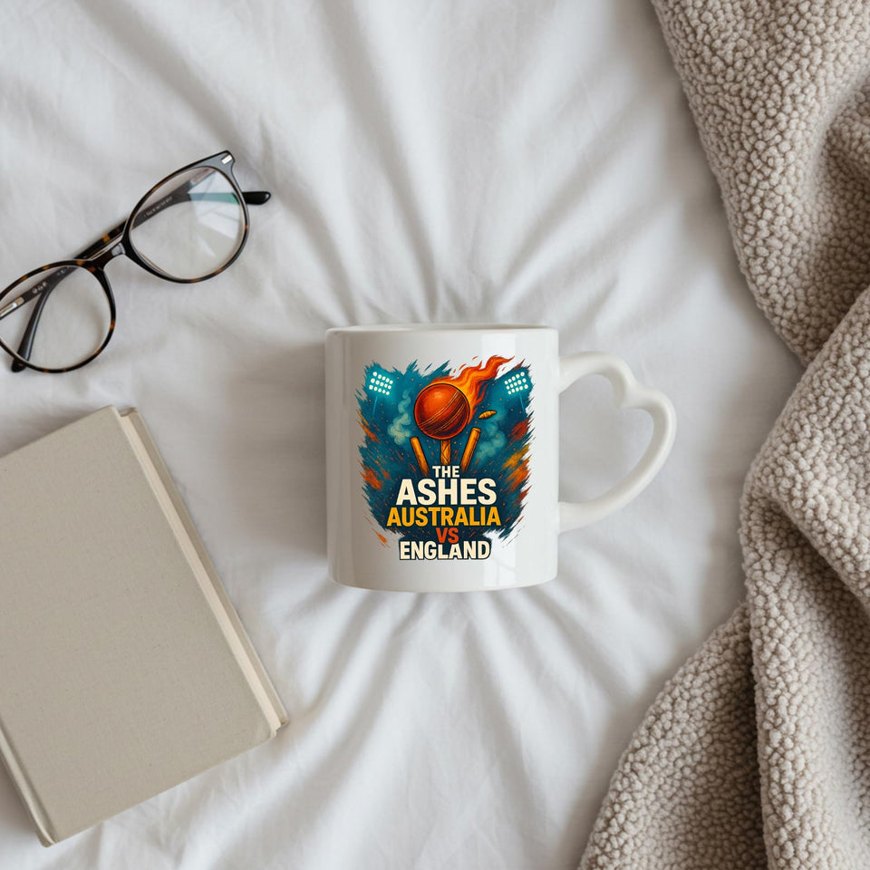 Excudo Trade LTD The Ashes Burning Ball Australia vs England Rivalry Cricket Heart-Shaped Handle Mug Fiery Design Gift Fans Couples Coffee Cup Home Decor Couples