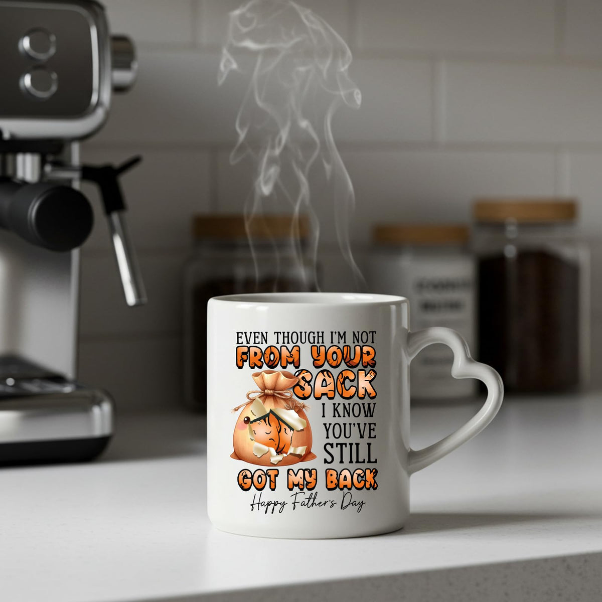 Steaming Not From Your Sack heart-handle mug on a kitchen counter