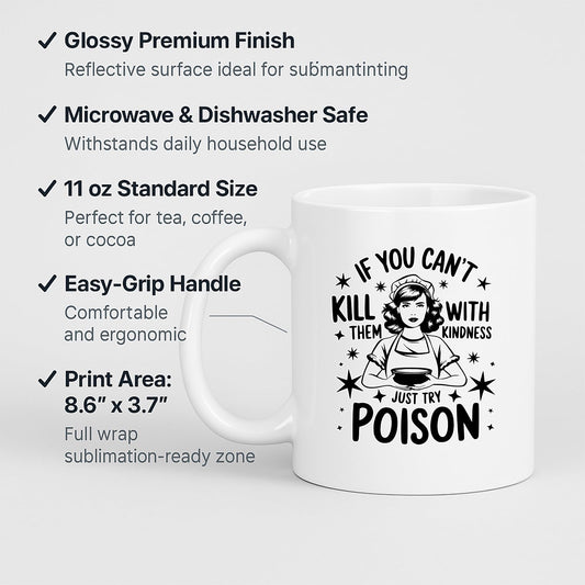 White mug with labels for 11oz size, glossy finish, easy-grip handle and print area