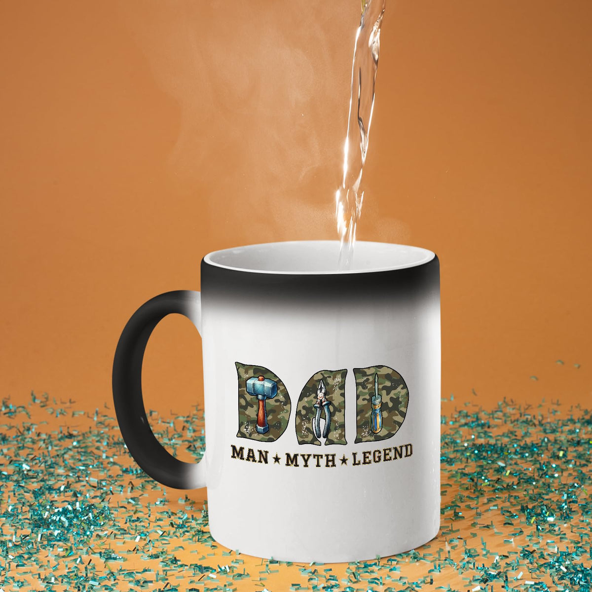 Hot water poured into the Dad Man Myth Legend tools colour changing mug as the design appears