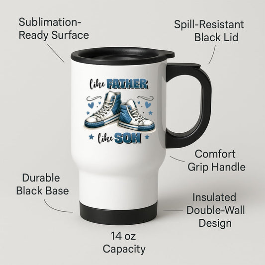 Travel mug with labels for spill-resistant lid, insulated double wall and 14oz capacity