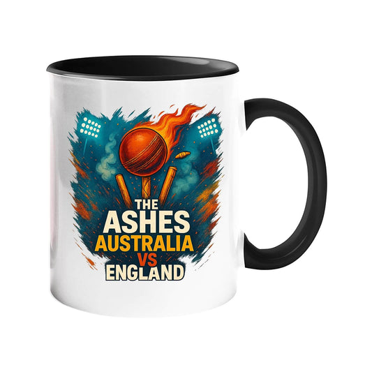 Ashes cricket mug with a black handle and inside