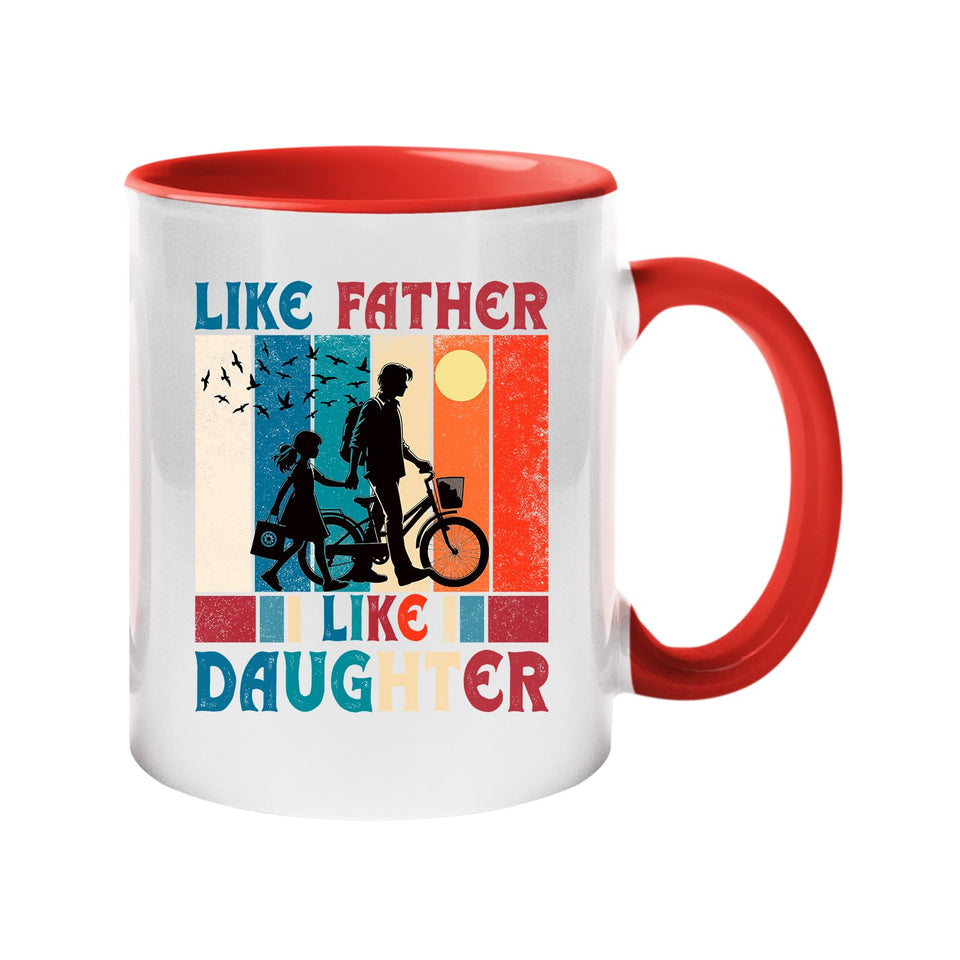 Colour handle mug with a dad and daughter with a bike in silhouette over retro stripes and “Like father, like daughter” – red handle and inside