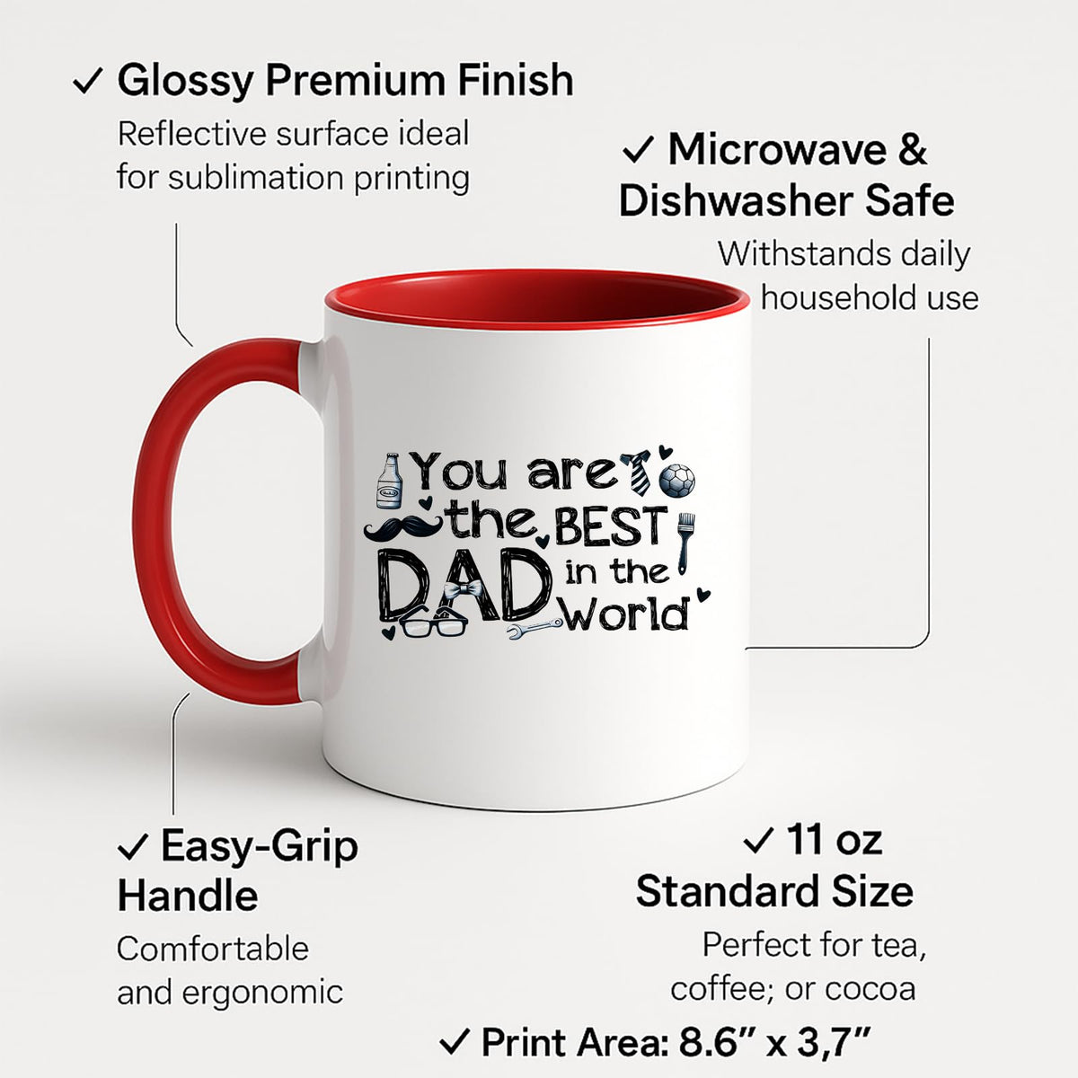 Colour handle mug with labels for 11oz size, glossy finish and easy-grip handle