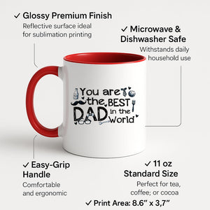Colour handle mug with “You are the best Dad in the world” with hand-drawn dad icons – red handle and inside